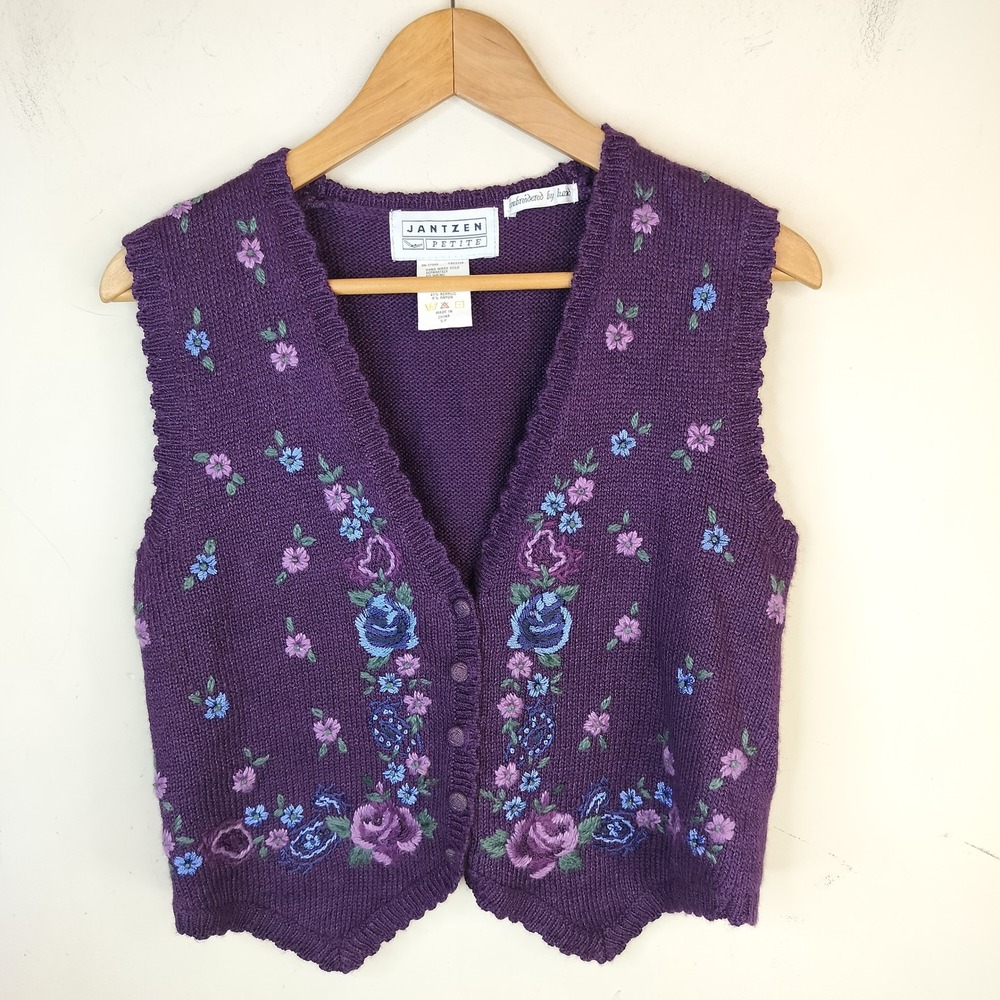 Jantzen Vintage Sweater Vest Womens Small Petite Floral Embroidered Cottagecor